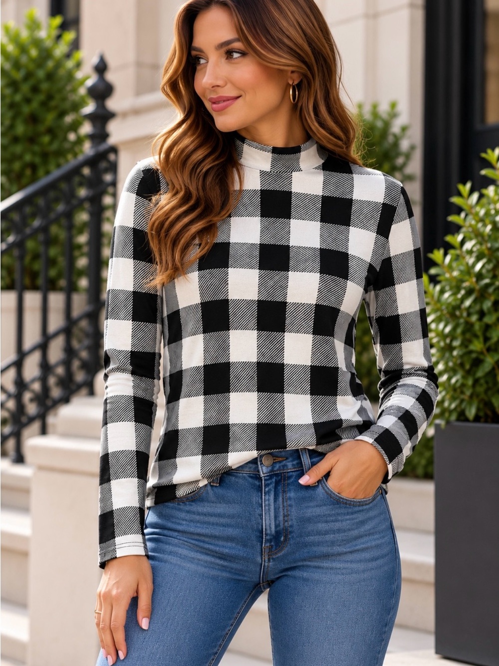 Kim Rogers Black & White Buffalo Plaid Mock Neck Long Sleeve Top